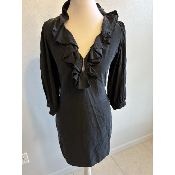 VTG 90s Black Silk Dress Ruffle Collar Whimsygoth Steampunk Vamp Dark Fairy S - Picture 15 of 16